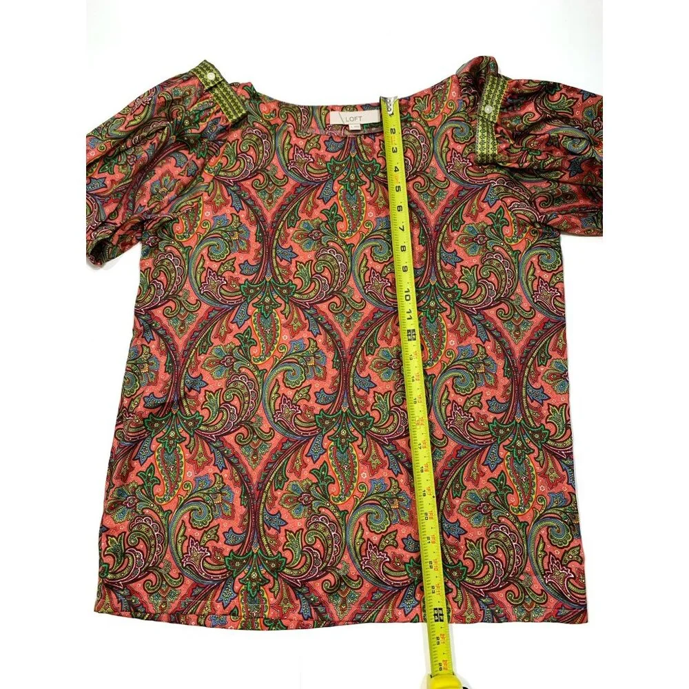LOFT Women's Filigree Pattern Boat Neck Multicolor Puff Sleeve Blouse Size Small